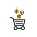 Shopping cart icon with dollar, euro and gold