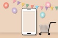 Shopping cart icon with mobile phone, colorful balloons and flags on pastel background. Concept of advertising online shopping. Royalty Free Stock Photo