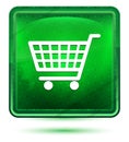 Shopping cart icon neon light green square button Royalty Free Stock Photo