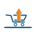 Shopping cart icon and up arrow, illustration of sales increase
