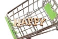 Shopping cart with the inscription happiness lined with letters