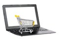 Shopping cart on keyboard of blank screen black laptop isolated on white. Electronic commerce concept Royalty Free Stock Photo