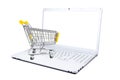 Shopping cart on keyboard of blank screen white laptop isolated on white. Electronic commerce concept Royalty Free Stock Photo