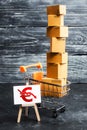 A shopping cart loaded with boxes and a sign with a euro symbol down arrow. Decrease in income from sales of goods and retail