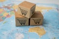 Shopping cart logo on box on Australia world globe map background. Banking Account, Investment Analytic research data economy,