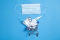 Shopping cart, medical mask, syringe, pills, thermometer on the blue background