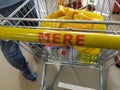 Shopping cart, MERE discounter chain stores, Ruma, Serbia, April 15, 2022 supermarket with logo and brand MERE. Food and