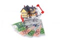 Shopping cart with miniature home on Euro banknotes