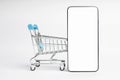 Shopping cart and mobile phone isolated on white Royalty Free Stock Photo