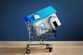 Shopping cart with model of house. Buy or sell property Royalty Free Stock Photo