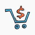 Shopping cart with money color vector icon. Drawing sketch illustration hand drawn line eps10 Royalty Free Stock Photo