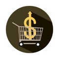 Shopping cart with money going up arrow, rising food prices, block style icon