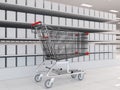 Shopping Cart near Market Shelving Rack with Blank Products as Supermarket Interior extreme closeup. 3d Rendering illustration.