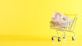 Shopping cart and one thousand Thai baht note on a yellow background, closeup. Black Friday Shopping and Discount