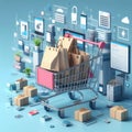 shopping cart online concept, small paper shopping bags background