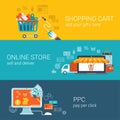 Shopping cart, online store, pay per click flat style concept