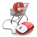 Shopping cart operated computer mouse and symbol of e-commerce