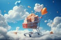 Shopping cart with orange balloons and gift boxes against blue sky with clouds Ai generative Royalty Free Stock Photo