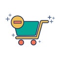 Shopping cart out off order icon vector illustration glyph style design with color and plus sign. Royalty Free Stock Photo