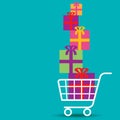 Shopping cart overflowing with colorful gifts