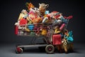 A shopping cart overflowing with a multitude of adorable stuffed animals, guaranteeing endless cuddles and fun., A shopping cart