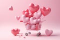 A Shopping Cart Overflowing With Pink Hearts, A Sweet Sight to Fill Your Valentines Day, valentines day concept 3D heart shaped