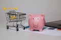 Shopping cart with piggy bank and laptop close-up on a grey background. Online shopping, purchase and business concept Royalty Free Stock Photo