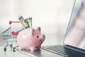 Shopping cart and piggy bank with laptop on the desk Royalty Free Stock Photo