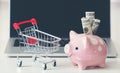 Shopping cart and piggy bank with laptop on the desk Royalty Free Stock Photo