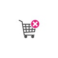 Shopping cart with pink cross sign. Cancel or delete purchase simple icon isolated on white background.