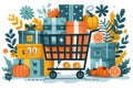 Shopping cart with presents and pumpkins on white background for Halloween and holiday shopping. Royalty Free Stock Photo