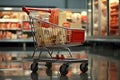 Shopping cart with products in supermarket, closeup. Shopping concept