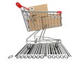 Shopping cart with purchases on bar code. Royalty Free Stock Photo
