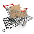 Shopping cart with purchases on bar code. Royalty Free Stock Photo