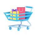 Shopping cart with purchases 3d icon. Blue basket yellow gift and red bag