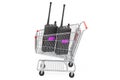 Shopping cart with radio transceivers. 3D rendering