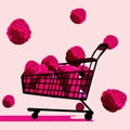 Shopping cart with raspberries. Vector illustration on a pink background. Generative AI
