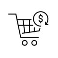 Shopping cart with refund symbol. Order return service. Pixel perfect, editable stroke