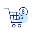 Shopping cart with refund symbol. Order return service. Pixel perfect icon