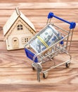 Shopping cart with rolled up dollar bills and model of house on the wooden background Royalty Free Stock Photo