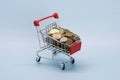 Shopping cart with Russian money. Metal coins and a souvenir shopping basket