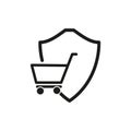 Shopping cart with shield. Secure purchase icon. Vector illustration. EPS 10. Royalty Free Stock Photo