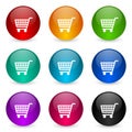 Shopping cart, shop, trolley vector icons, set of colorful glossy 3d rendering ball buttons in 9 color options Royalty Free Stock Photo