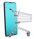 Shopping cart from smartphone isolated on white background, sale advertising banner and e-commerce for web store. Online shopping Royalty Free Stock Photo