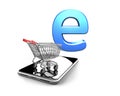 Shopping cart on smartphone with letter e, 3D rendering
