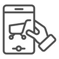 Shopping cart on smartphone line icon. Shop app on phone vector illustration isolated on white. Mobile phone with Royalty Free Stock Photo