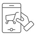 Shopping cart on smartphone thin line icon. Shop app on phone vector illustration isolated on white. Mobile phone with Royalty Free Stock Photo