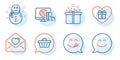 Shopping cart, Snowman and Love letter icons set. Online shopping, Smile chat and Yummy smile signs. Vector