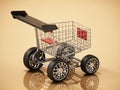 Shopping cart with sports tyres and a spoiler. 3D illustration