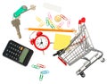 Shopping cart with stationery and keys Royalty Free Stock Photo